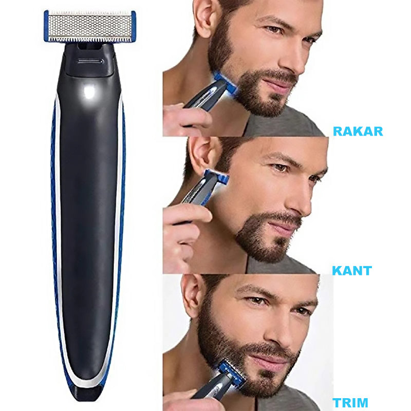 "Rakapparat för män med USB-laddning, kromfinish, dubbelsidigt blad, LED-ljus, perfekt för trimning och rakning."