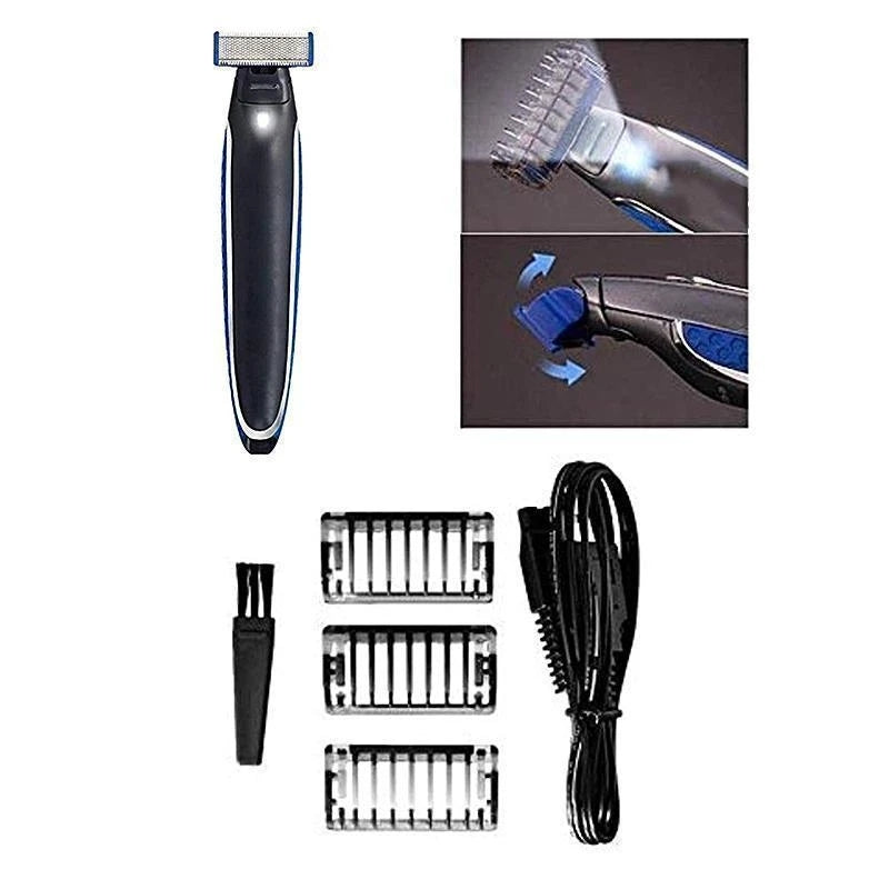 "Rakapparat för män med USB-laddning, kromfinish, dubbelsidigt blad, LED-ljus, perfekt för trimning och rakning."