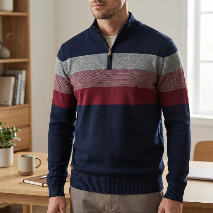 Randig herrtröja Toby med halvdragkedja. Elegant, bekväm stickad tröja för stilrent herrmode.