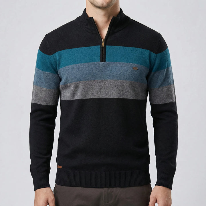 Mångsidig Toby herrtröja med halvzip. Randig, stickad och bekväm passform. Perfekt för casual stil.