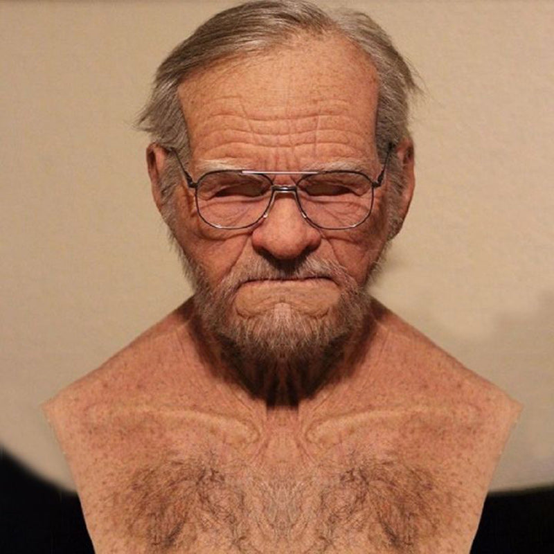 Realistisk Halloween-mask för vuxna, gammal man i latex med detaljrika ansiktsdrag och ansiktshår, perfekt för maskerader.