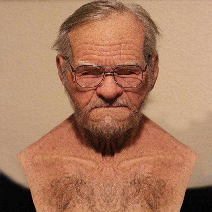 Realistisk Halloween-mask för vuxna, gammal man i latex med detaljrika ansiktsdrag och ansiktshår, perfekt för maskerader.