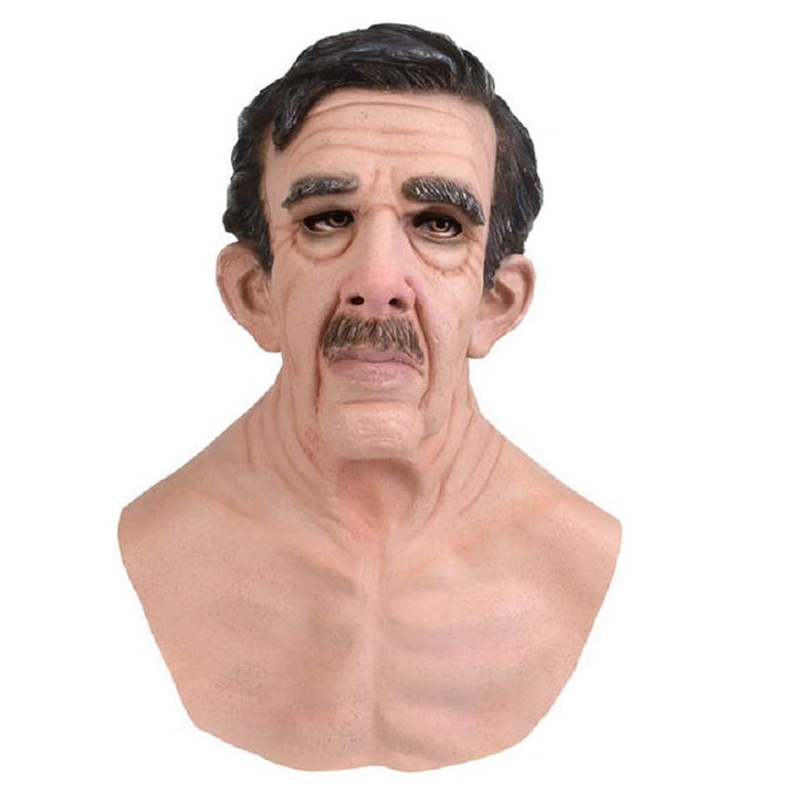 Realistisk Halloween-mask för vuxna, gammal man i latex med detaljrika ansiktsdrag och ansiktshår, perfekt för maskerader.