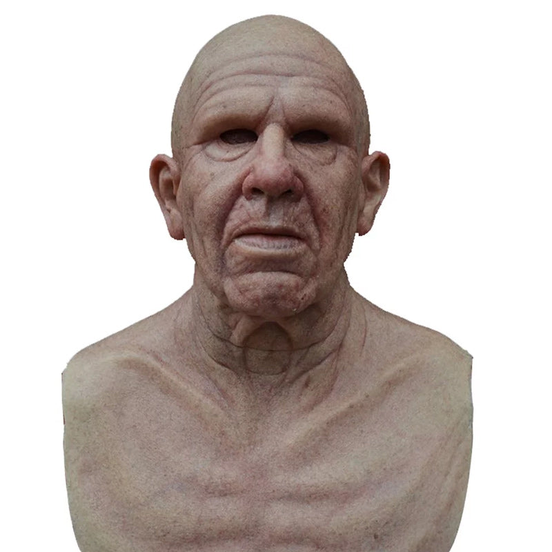 Realistisk Halloween-mask för vuxna, gammal man i latex med detaljrika ansiktsdrag och ansiktshår, perfekt för maskerader.