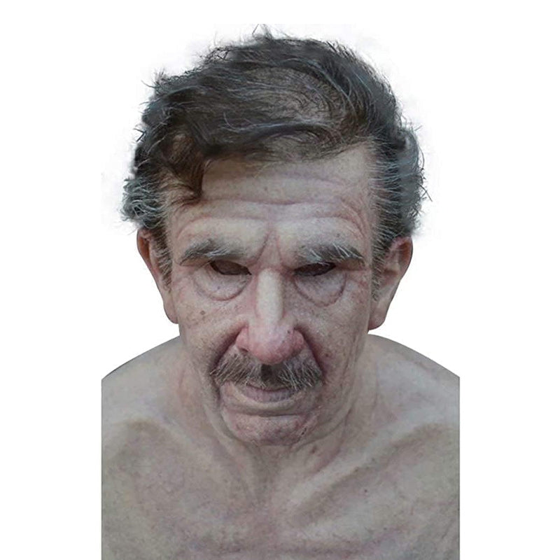 Realistisk Halloween-mask för vuxna, gammal man i latex med detaljrika ansiktsdrag och ansiktshår, perfekt för maskerader.