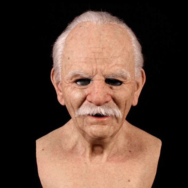 Realistisk Halloween-mask för vuxna, gammal man i latex med detaljrika ansiktsdrag och ansiktshår, perfekt för maskerader.