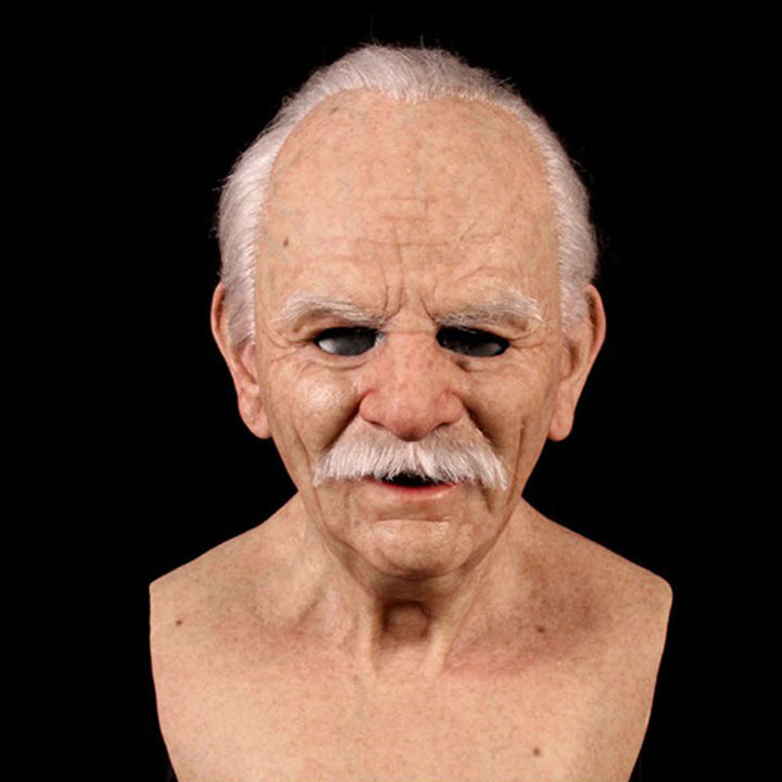 Realistisk Halloween-mask för vuxna, gammal man i latex med detaljrika ansiktsdrag och ansiktshår, perfekt för maskerader.