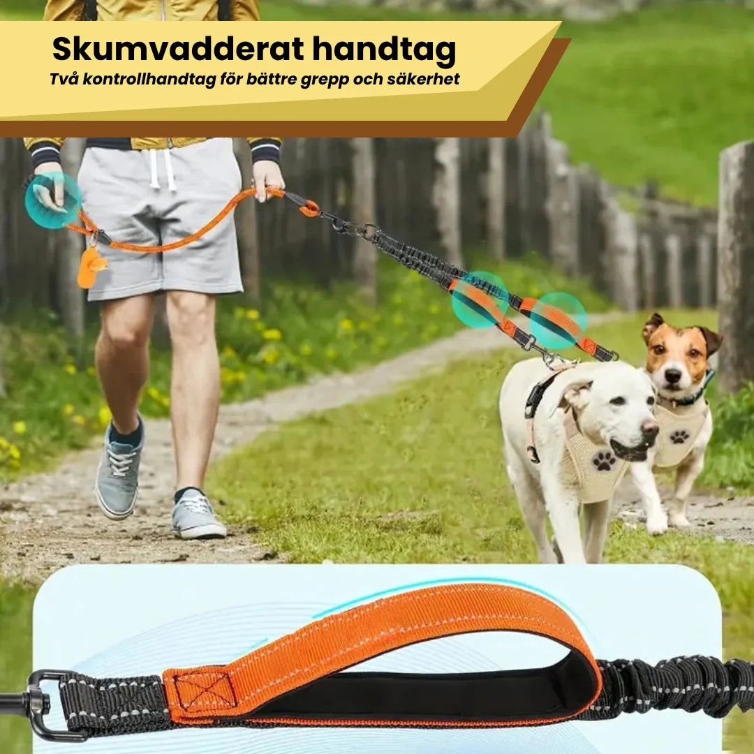 Hållbart reflekterande hundkoppel för två. Idealiskt för aktiva promenader och säkerhet i mörker.