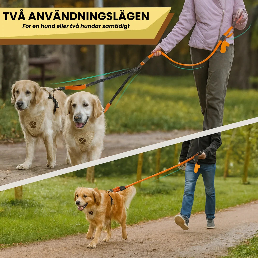 Elastiskt dubbelkoppel som ger hundar frihet och motverkar trassel. Reflekterande för säker utelek.