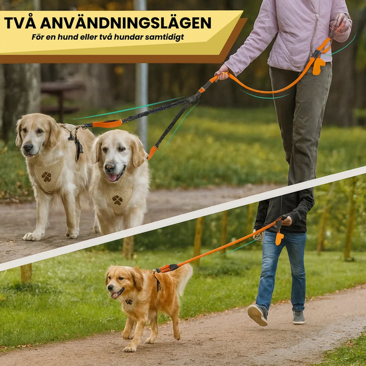 Elastiskt dubbelkoppel som ger hundar frihet och motverkar trassel. Reflekterande för säker utelek.