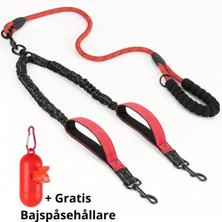 Reflekterande och elastiskt tvåhundskoppel för säkra och bekväma promenader. Robust hundtillbehör.
