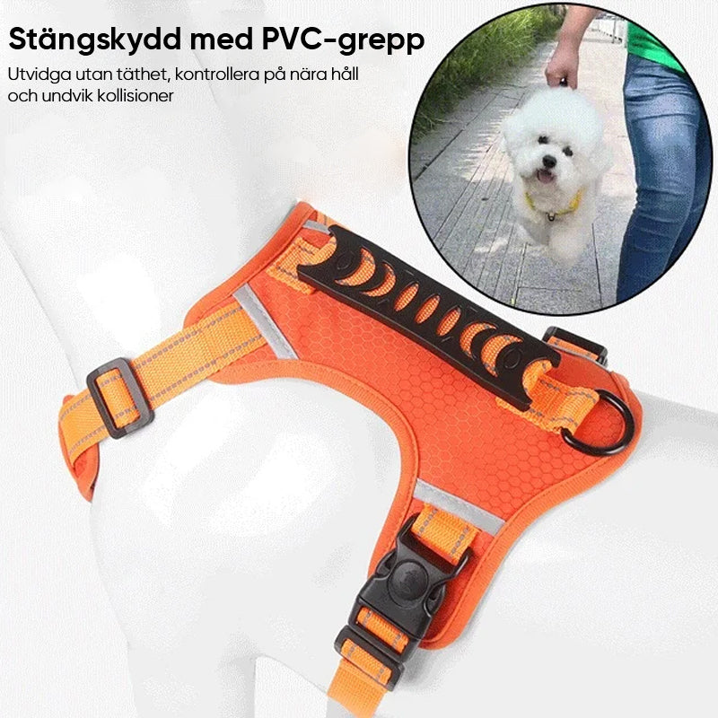 "Reflekterande justerbar hundsele i slitstarkt nylon, maximerar synlighet och komfort för säker promenad dag som natt."