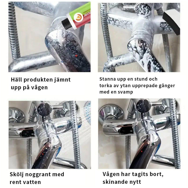 Rengöringsmedel för glas och metallflaskor, grön etikett, miljövänligt, unisex, effektivt mot vattenfläckar och kalk.