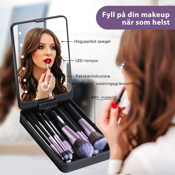 "Resesminkborstar med LED-spegel, kompakt svart väska, syntetiska borst, enkel applikation för perfekt look."
