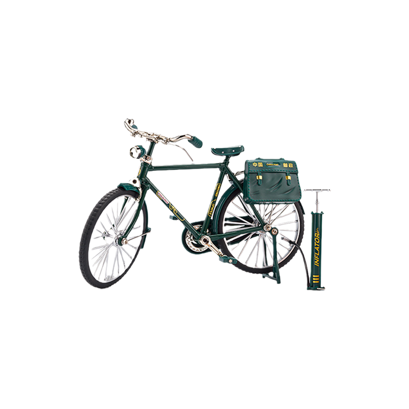 "Retro cykelmodell prydnad i svart och grön, detaljerad design, perfekt för nostalgiska cykelentusiaster"