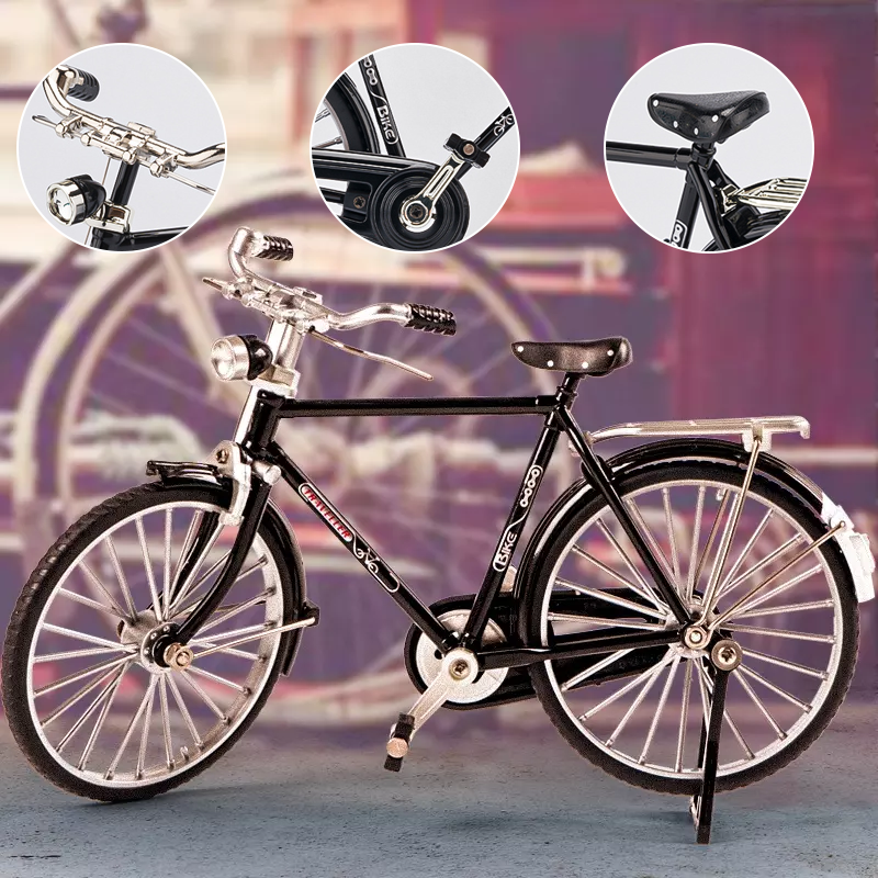 "Retro cykelmodell prydnad i svart och grön, detaljerad design, perfekt för nostalgiska cykelentusiaster"