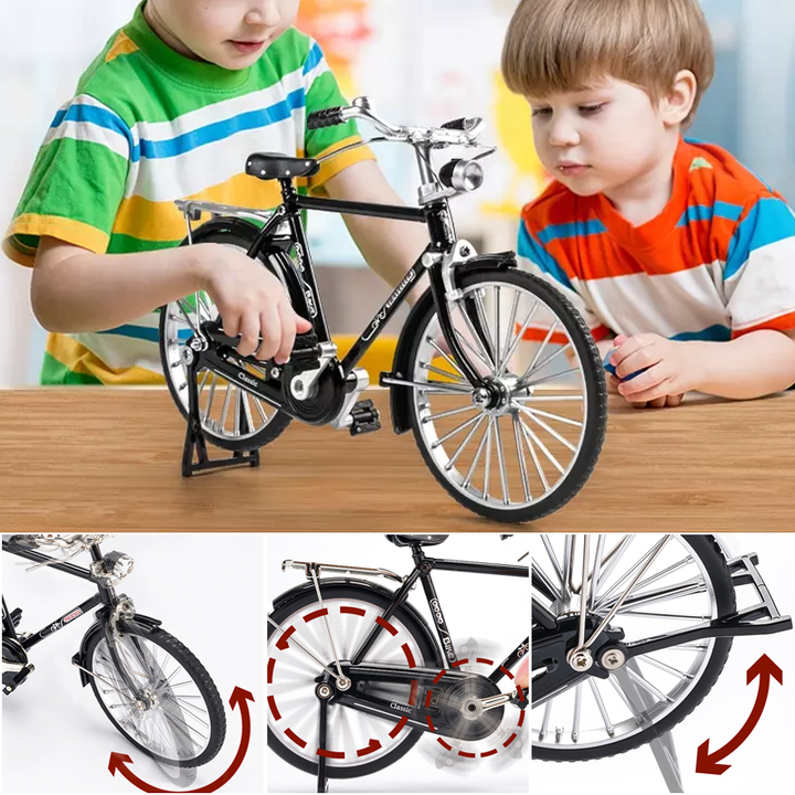 "Retro cykelmodell prydnad i svart och grön, detaljerad design, perfekt för nostalgiska cykelentusiaster"