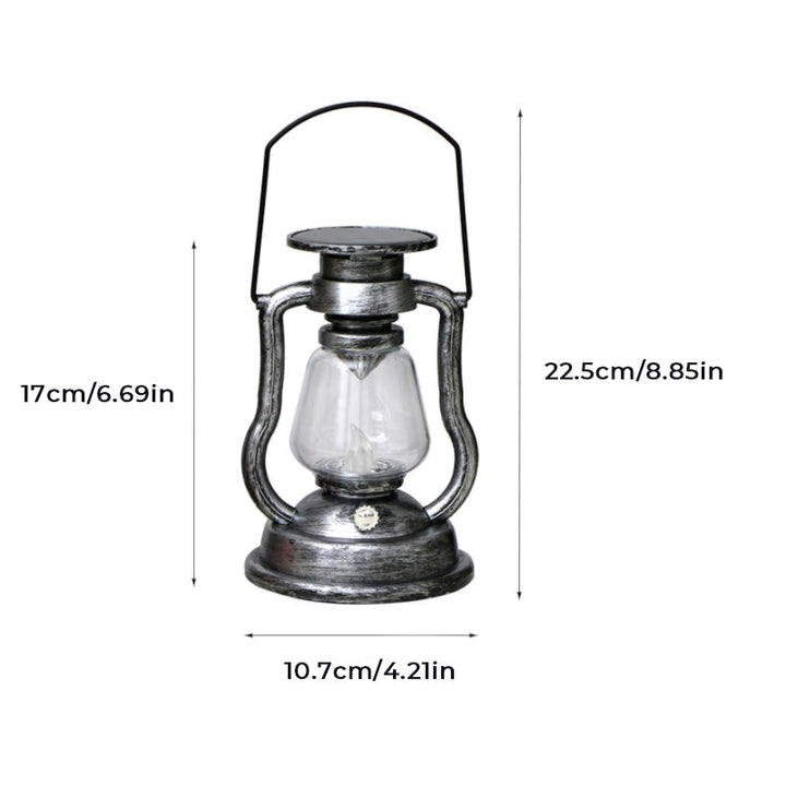"Retro solcellsdriven fotogenlampa med LED, vattentät; antik finish i brons, guld, rost, silver; perfekt för utomhusbelysning