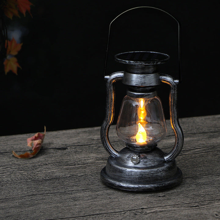 "Retro solcellsdriven fotogenlampa med LED, vattentät; antik finish i brons, guld, rost, silver; perfekt för utomhusbelysning