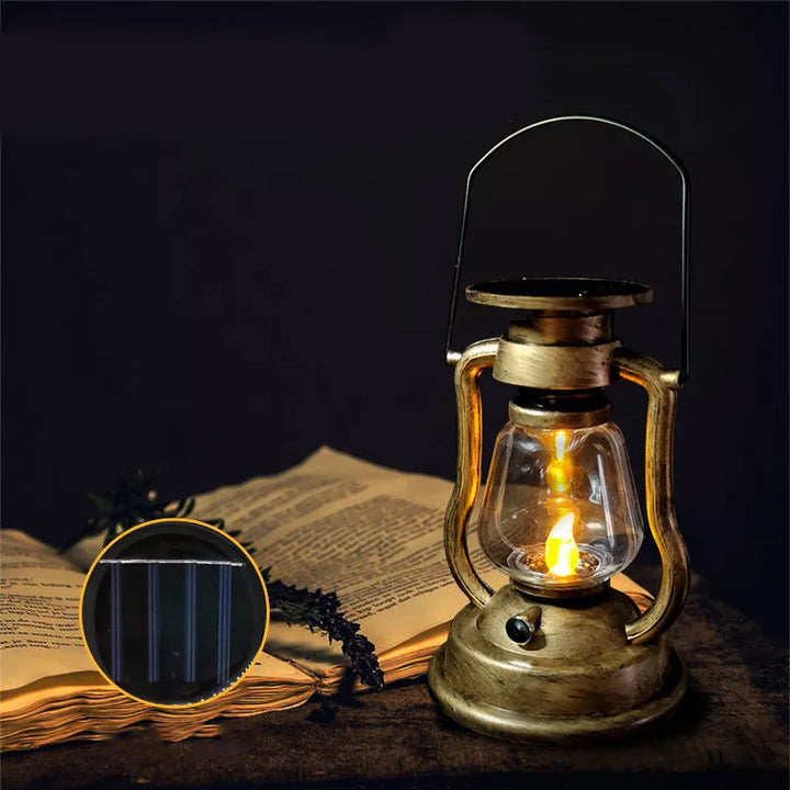 "Retro solcellsdriven fotogenlampa med LED, vattentät; antik finish i brons, guld, rost, silver; perfekt för utomhusbelysning