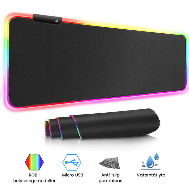 RGB gamingmusmatta med flerfärgat LED-ljus, sömlösa kanter, halkfritt gummiunderlag och dynamiska ljuseffekter.