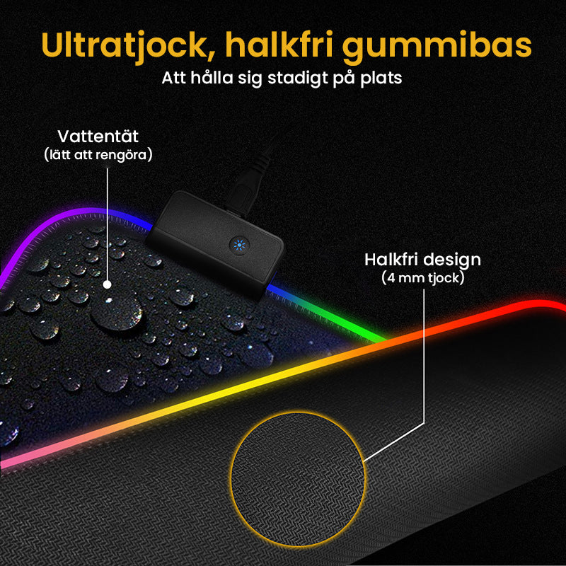 RGB gamingmusmatta med flerfärgat LED-ljus, sömlösa kanter, halkfritt gummiunderlag och dynamiska ljuseffekter.