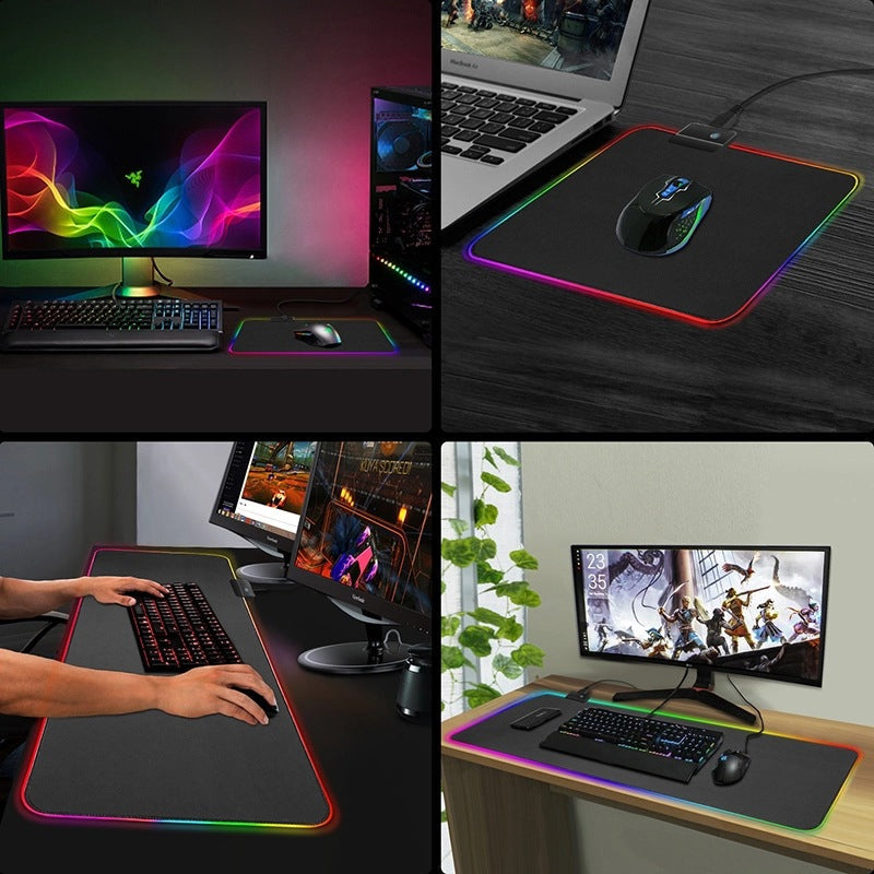 RGB gamingmusmatta med flerfärgat LED-ljus, sömlösa kanter, halkfritt gummiunderlag och dynamiska ljuseffekter.