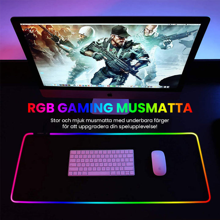 RGB gamingmusmatta med flerfärgat LED-ljus, sömlösa kanter, halkfritt gummiunderlag och dynamiska ljuseffekter.