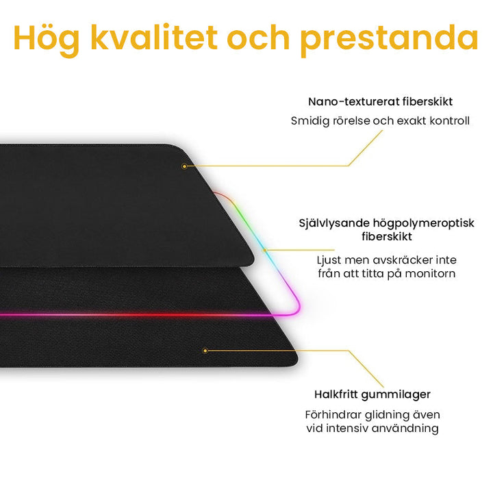 RGB gamingmusmatta med flerfärgat LED-ljus, sömlösa kanter, halkfritt gummiunderlag och dynamiska ljuseffekter.