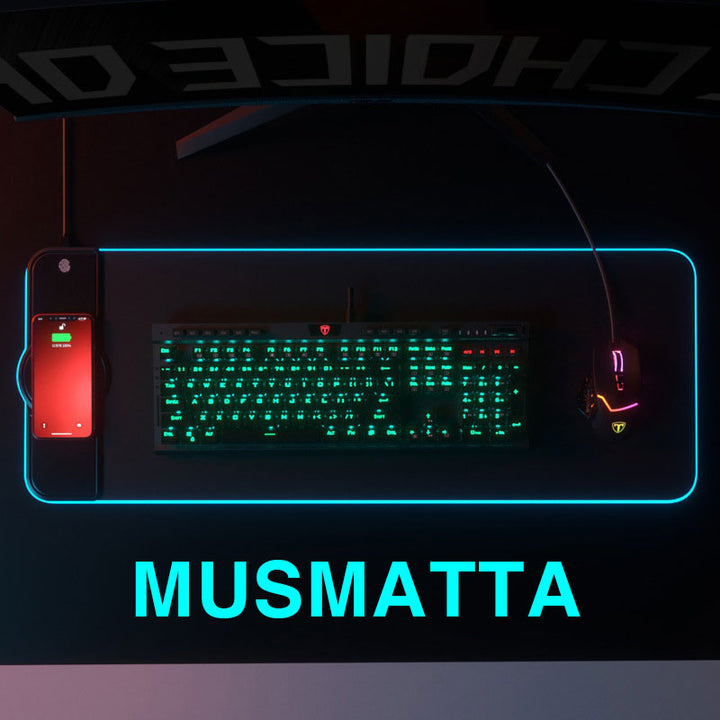 RGB trådlös laddningsmusmatta med stjärnhimmelsdesign, RGB-ljus, mikrotextur, halkfri bas, passar teknik och spel.