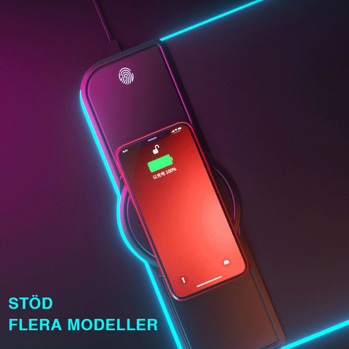 RGB trådlös laddningsmusmatta med stjärnhimmelsdesign, RGB-ljus, mikrotextur, halkfri bas, passar teknik och spel.