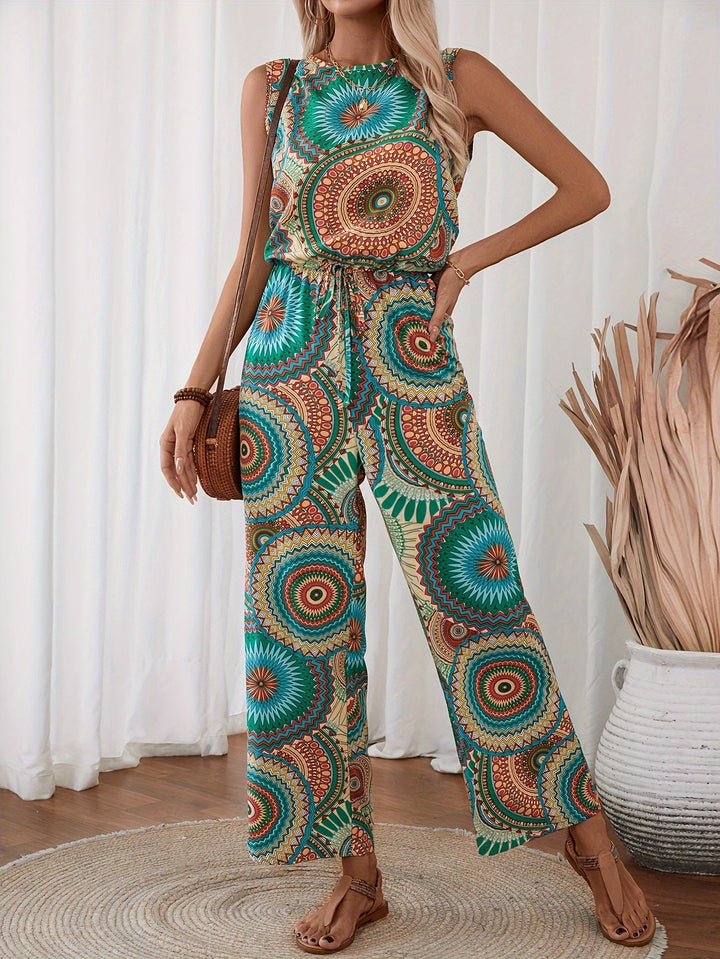 Boho-inspirerad ärmlös overall för kvinnor. Bekväm och mönstrad jumpsuit med mandalamönster, perfekt för resan.