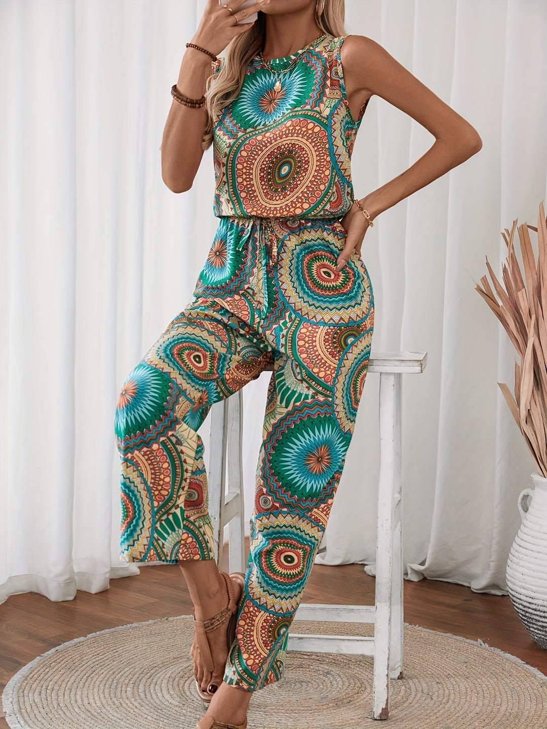 Kvinnors sommaroverall med ärmlös design och vackert mandalamönster. Perfekt boho jumpsuit för fritid och festivaler.