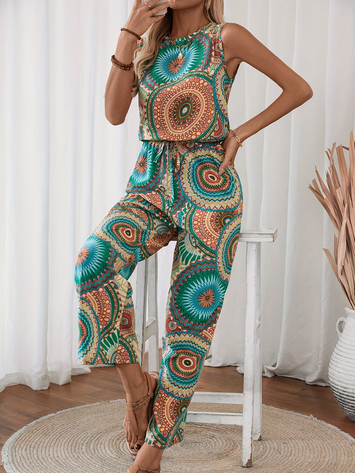 Kvinnors sommaroverall med ärmlös design och vackert mandalamönster. Perfekt boho jumpsuit för fritid och festivaler.