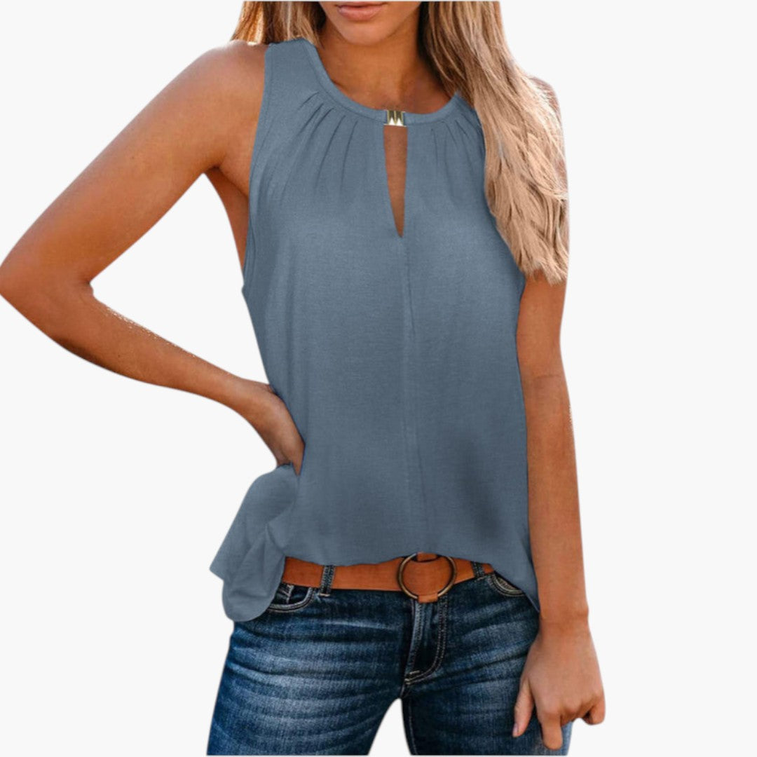 Mångsidig ärmlös damtopp, veckad front & droppöppning. Passar både casual & stilren kontorsstil.