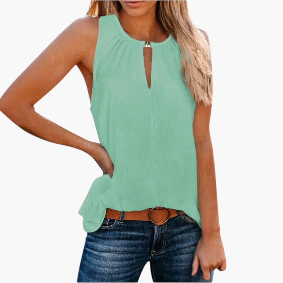 Modern ärmlös damtopp med detaljerad veckad front & stilfull droppöppning, för en chic look.