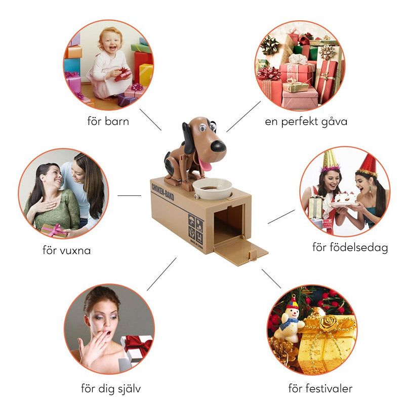 Lekfull hundspargris i brun och svart design, en interaktiv och pedagogisk spargris för barn.