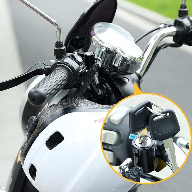 "Robust hjälmlås i aluminiumlegering, passar alla hjälmar, enkel installation på motorcyklar och cyklar."
