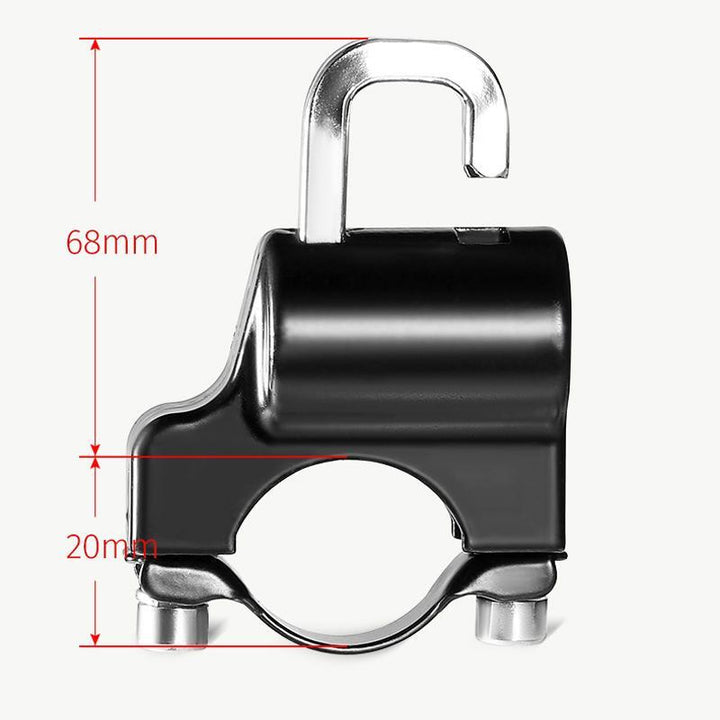 "Robust hjälmlås i aluminiumlegering, passar alla hjälmar, enkel installation på motorcyklar och cyklar."