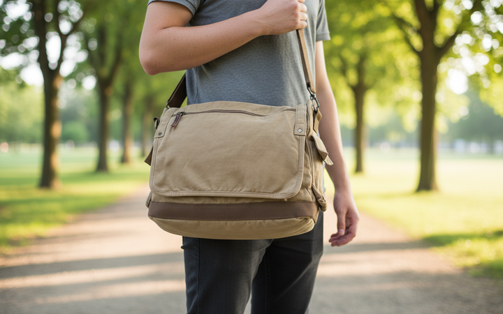 Robust unisex messengerväska i canvas. Perfekt axelväska för laptop, jobb och skola.