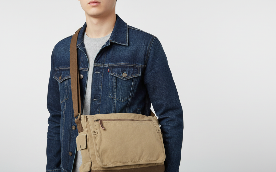 Praktisk unisex axelväska i tålig canvas för laptop. Perfekt för pendling, resor och skola.