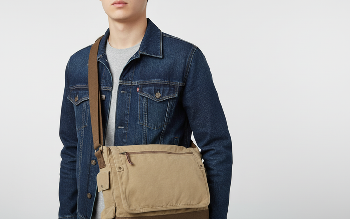 Praktisk unisex axelväska i tålig canvas för laptop. Perfekt för pendling, resor och skola.