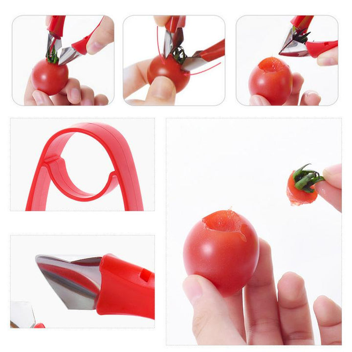 "Röd, ergonomisk pinneborttagare för köksbruk, av rostfritt stål, perfekt för frukt som jordgubbar. 9,5 x 2 cm."
