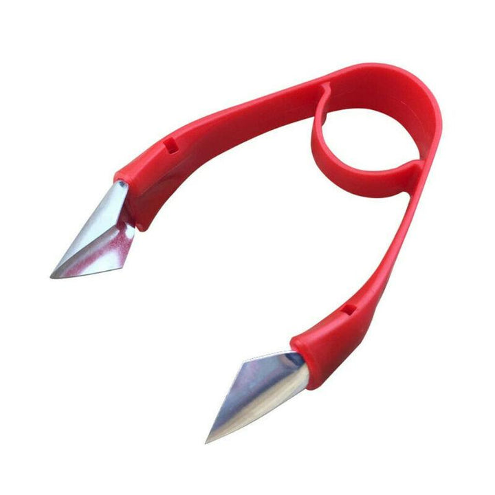"Röd, ergonomisk pinneborttagare för köksbruk, av rostfritt stål, perfekt för frukt som jordgubbar. 9,5 x 2 cm."
