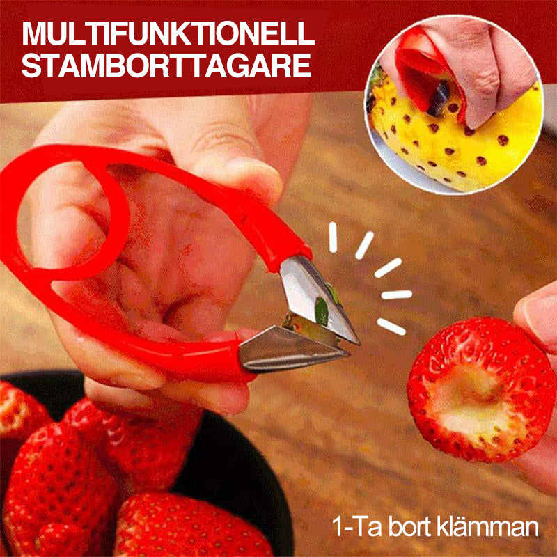 "Röd, ergonomisk pinneborttagare för köksbruk, av rostfritt stål, perfekt för frukt som jordgubbar. 9,5 x 2 cm."