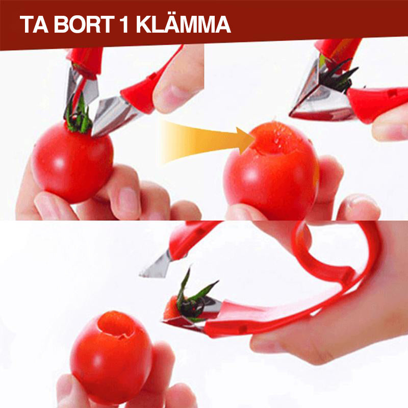 "Röd, ergonomisk pinneborttagare för köksbruk, av rostfritt stål, perfekt för frukt som jordgubbar. 9,5 x 2 cm."