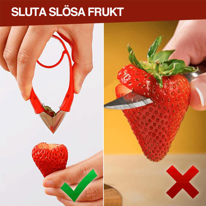 "Röd, ergonomisk pinneborttagare för köksbruk, av rostfritt stål, perfekt för frukt som jordgubbar. 9,5 x 2 cm."