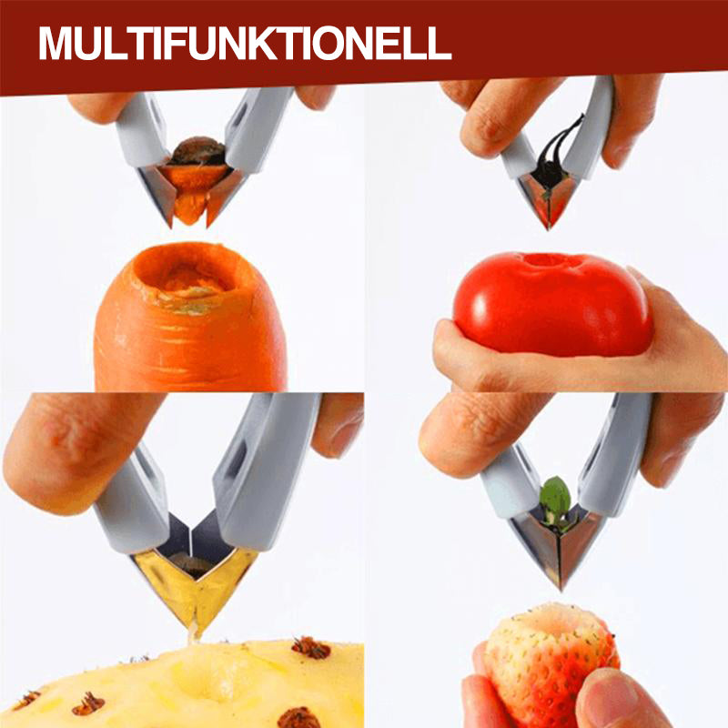 "Röd, ergonomisk pinneborttagare för köksbruk, av rostfritt stål, perfekt för frukt som jordgubbar. 9,5 x 2 cm."