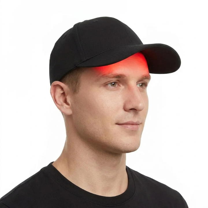 Man som bär en svart LED-keps med rödljusterapi för hårbotten