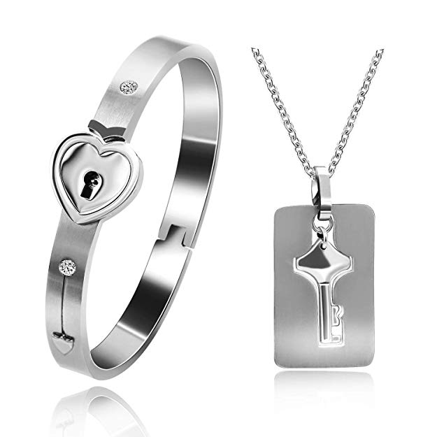 Armband och halsband för par med hjärtlåsdesign i titanstål.